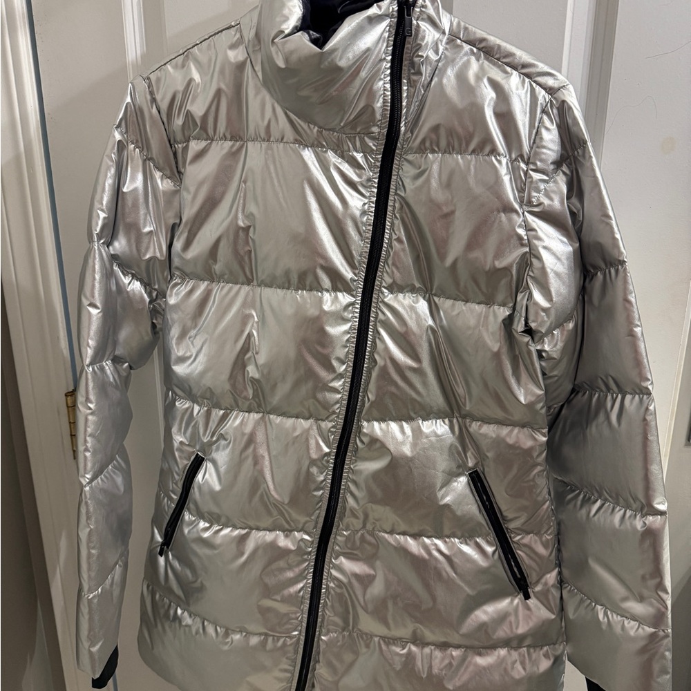 G by Giuliana Metallic Silver Puffer Coat